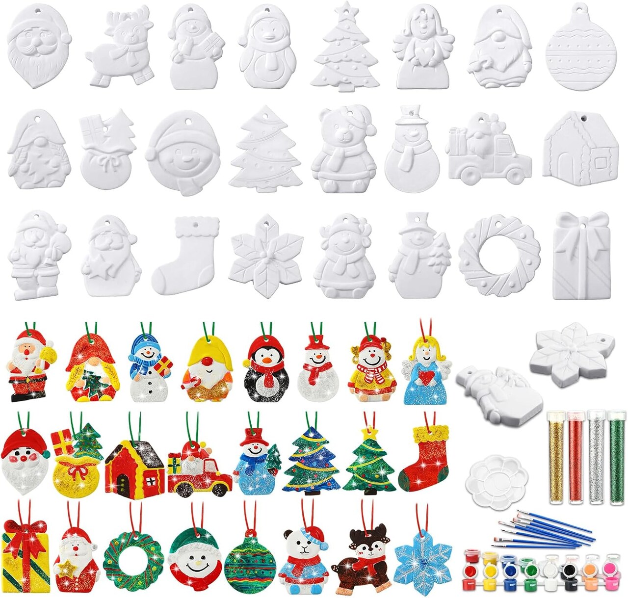24 Pcs Christmas Ceramics to Paint for Adults Christmas Crafts Paint Your Own Ceramic Painting Kit Christmas DIY Unpainted Santa Snowmen Figurine Ornaments for Adults Gifts